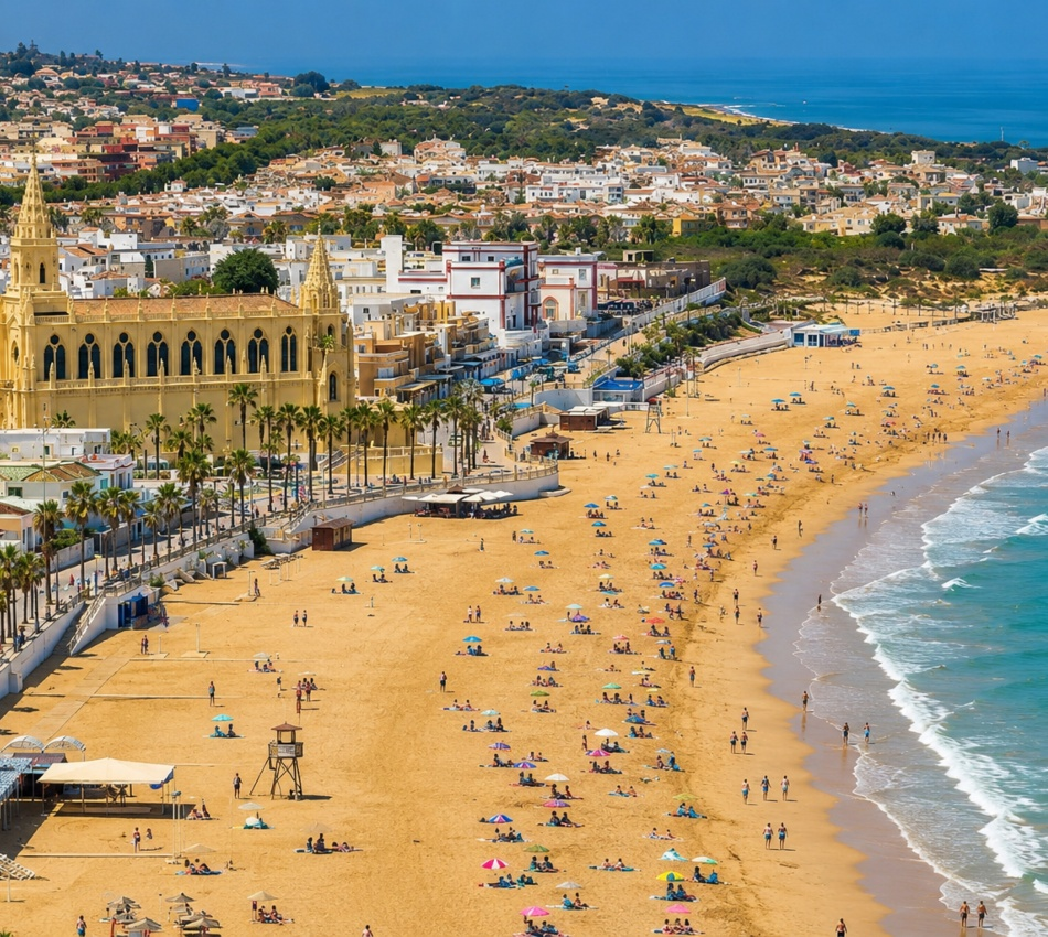 Playa mediterr&aacute;nea con edificios blancos y palmeras junto al mar