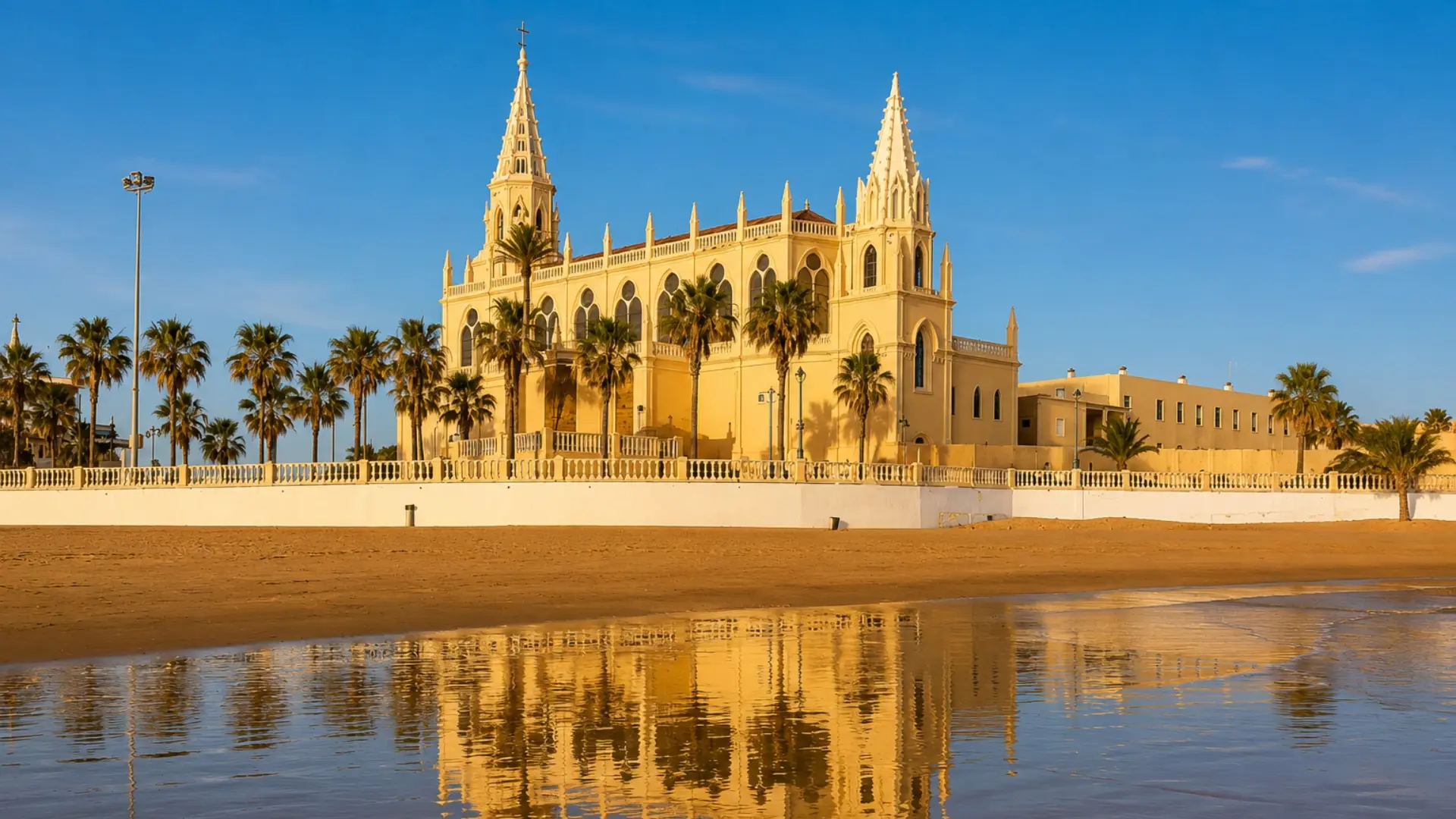 Iglesia colonial con torres y palmeras, reflejada en el agua al atardecer.