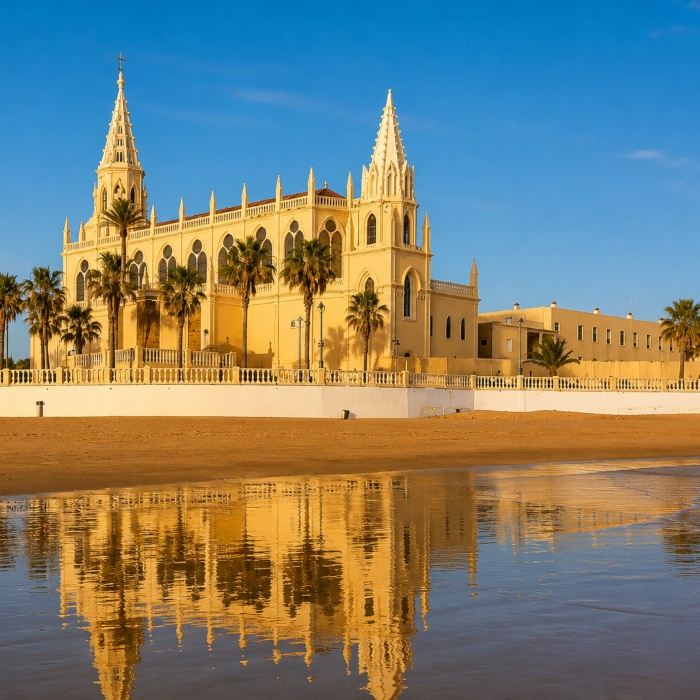 Catedral junto al mar con reflejo en el agua al atardecer
