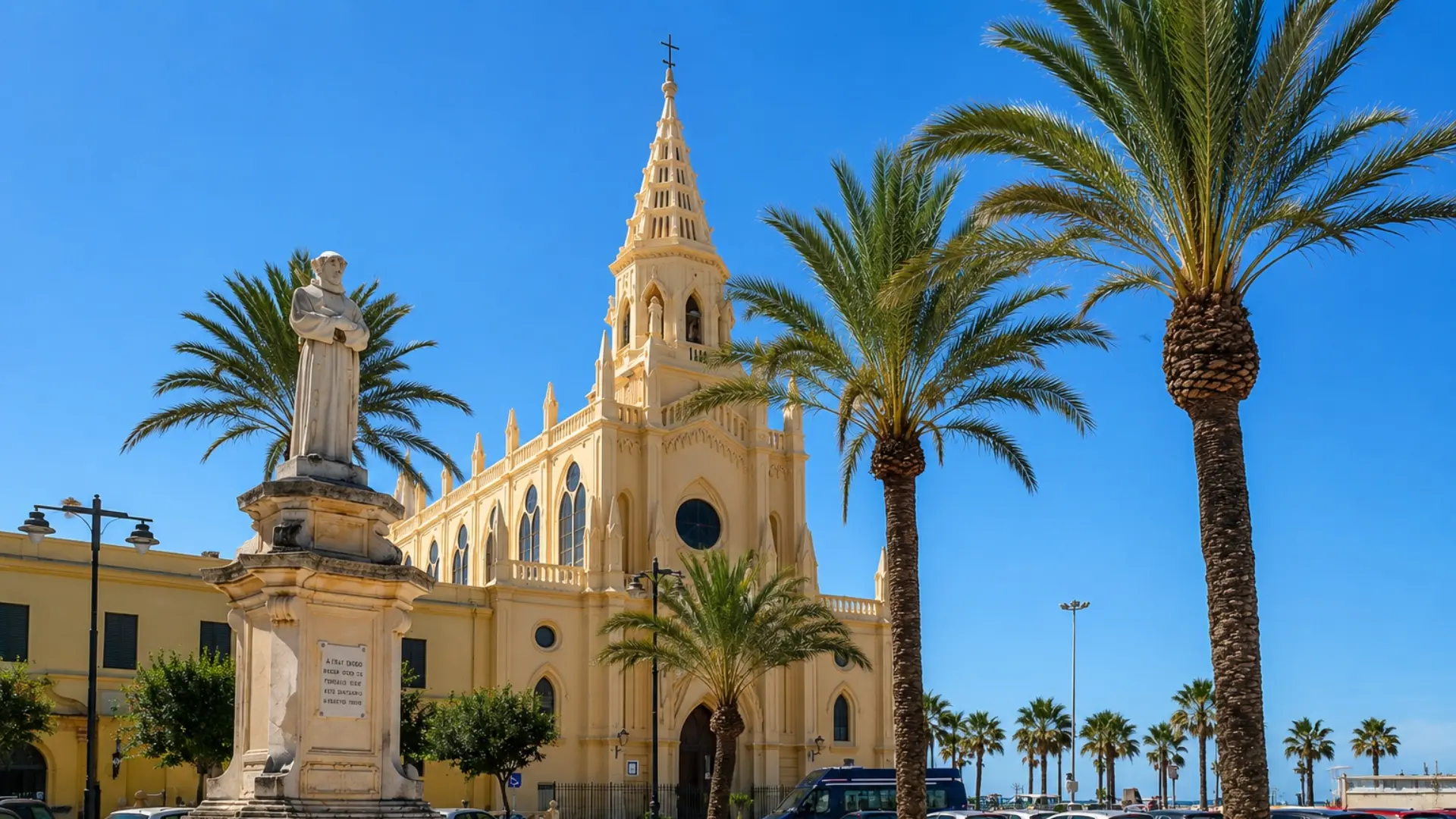 Catedral con estatua y palmeras bajo cielo azul despejado