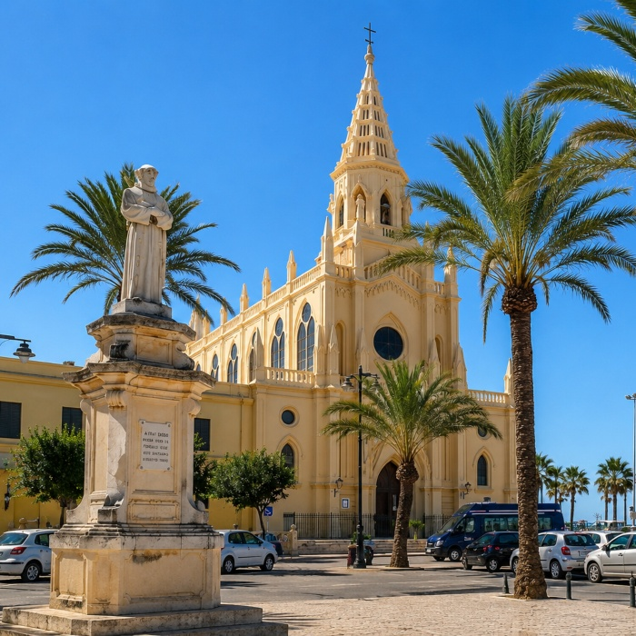 Estatua y catedral neog&oacute;tica con palmeras bajo cielo azul
