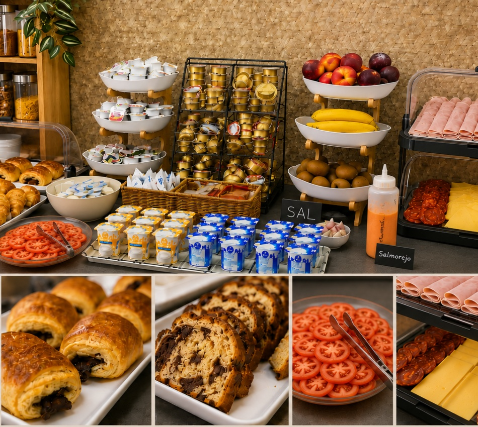 Buffet de desayuno con frutas, salchichas, quesos y panecillos.