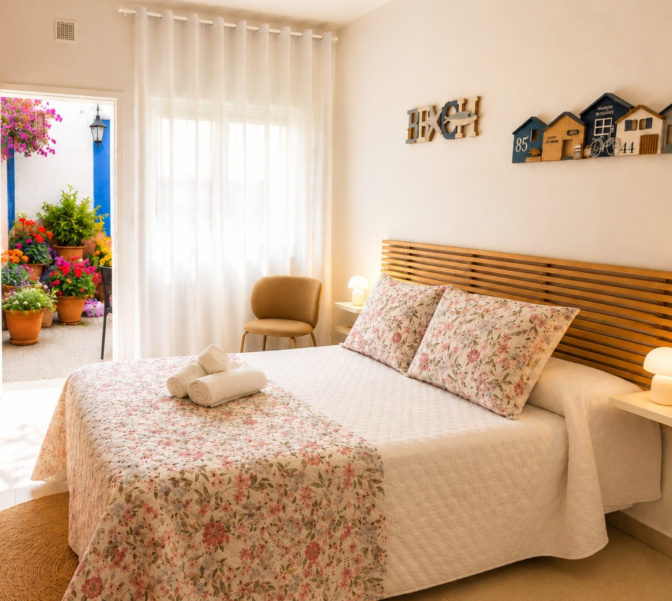 Dormitorio luminoso con cama, cojines estampados y cortinas blancas