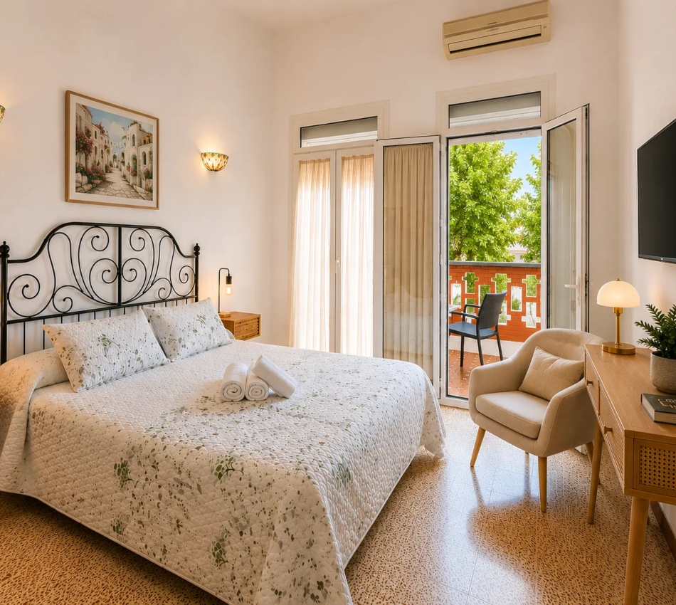Dormitorio moderno con cama, sill&oacute;n y acceso a balc&oacute;n con vistas al exterior