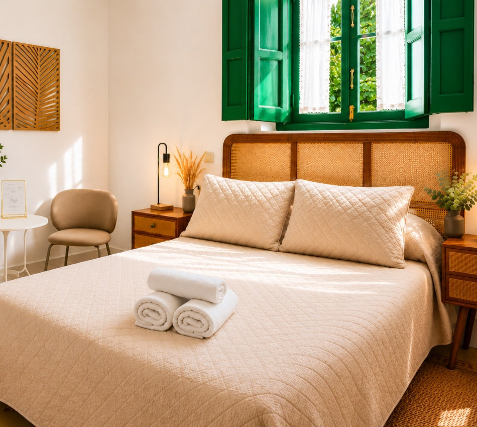 Dormitorio acogedor con cama doble, cojines, mantas dobladas y ventana verde