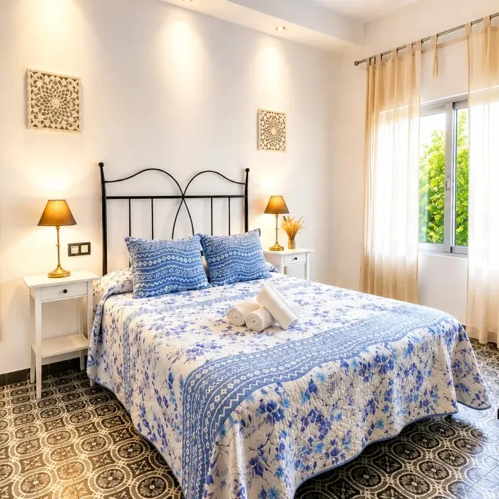 Dormitorio luminoso con cama con ropa azul y ventana con cortinas beige.