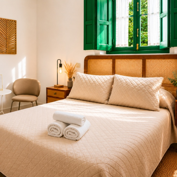 Dormitorio con cama doble, mantas dobladas y ventana verde abierta.