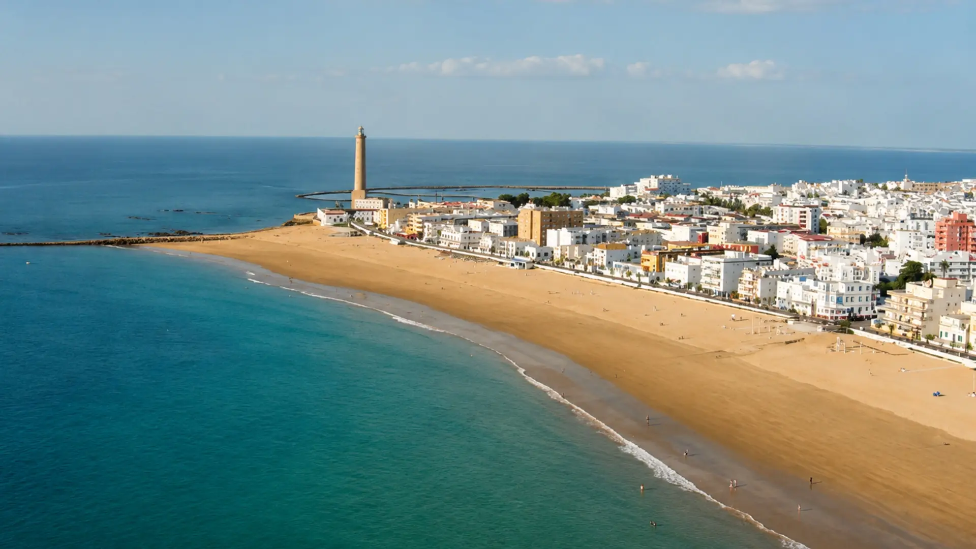 Faro y costa con arena junto a un pueblo blanco al atardecer