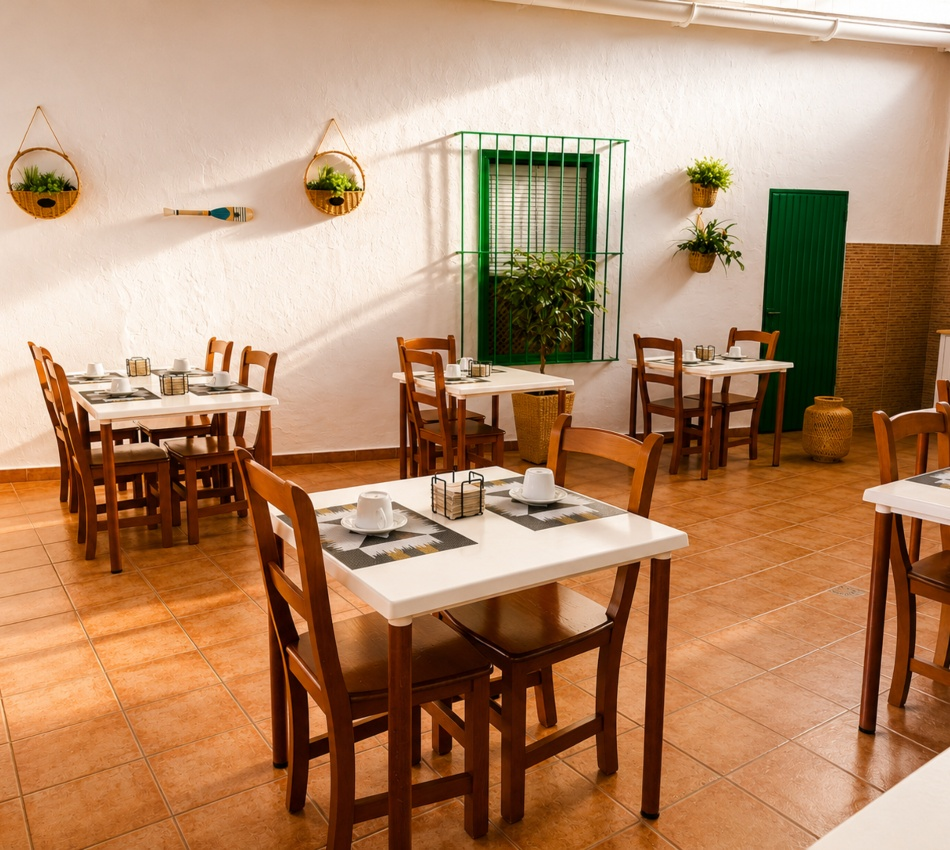 Comedor exterior con mesas de madera, sillas y plantas en macetas verdes