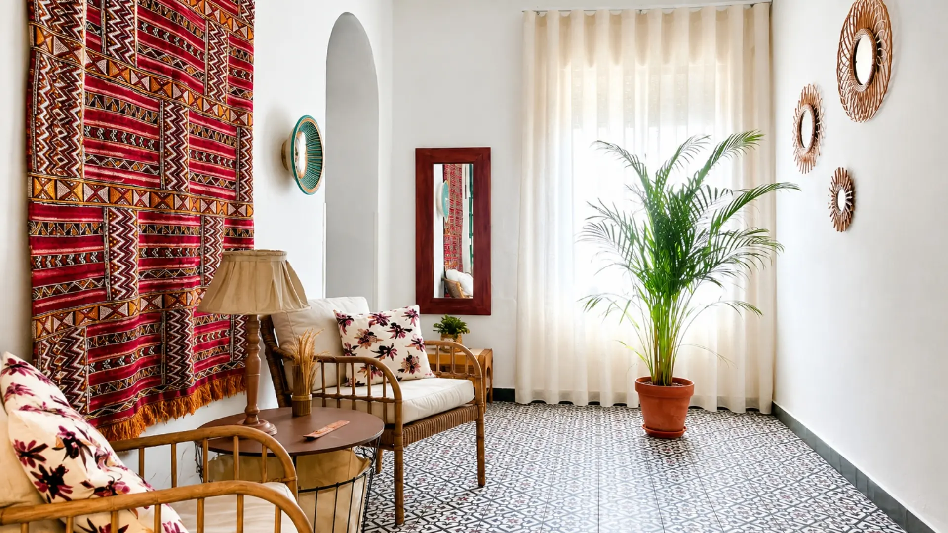 Sala luminosa con sillas de bamb&uacute;, alfombra, plantas y tapiz rojo bordado