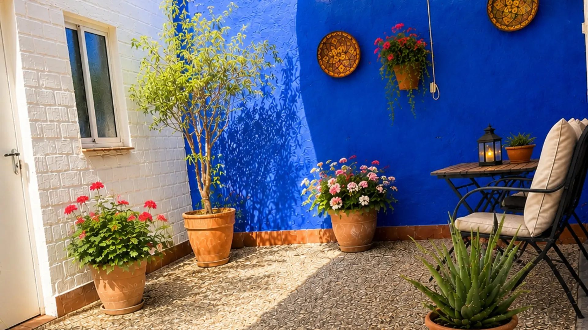 Patio con pared azul, macetas y mesa con silla, decoraci&oacute;n de flores y farol