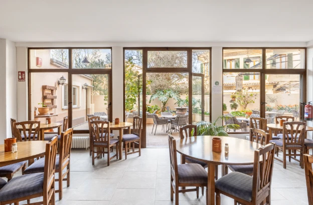 Interior de cafetería con mesas y sillas cerca de ventanales con plantas