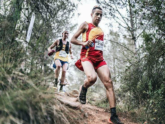 Corredores con dorsales compiten en una carrera por un sendero de monta&ntilde;a