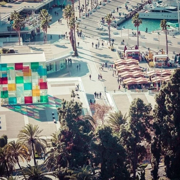 Plaza con palmeras, camiones y personas junto a piscina y edificios.