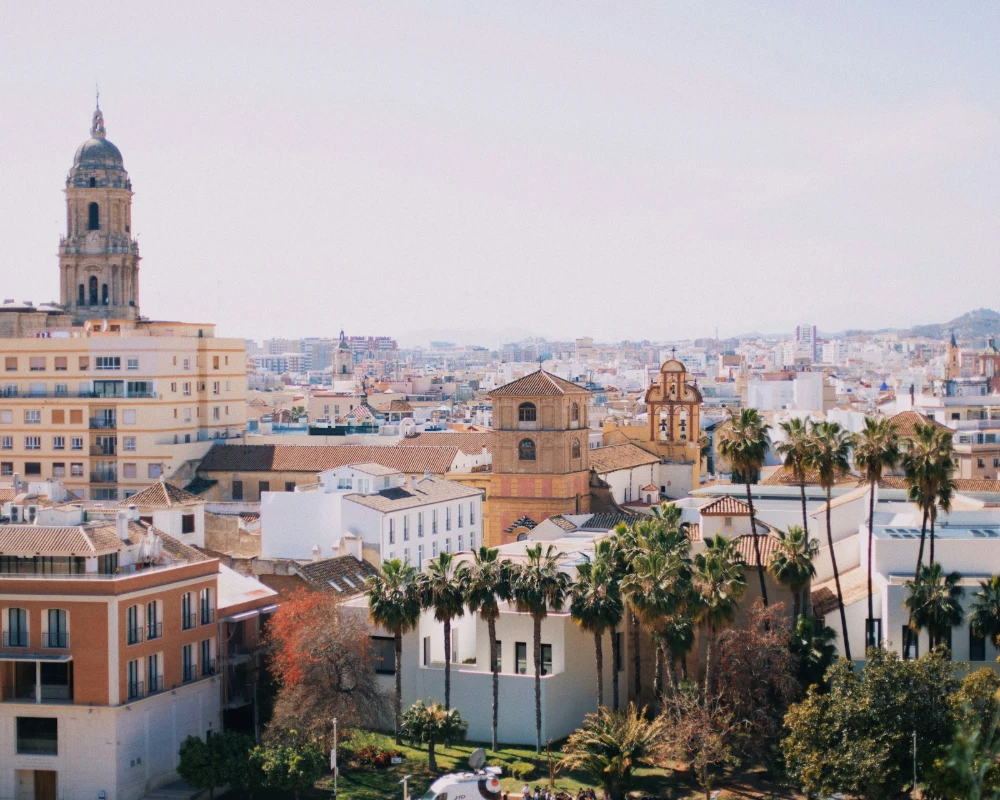 Vista panor&aacute;mica de tejados y palmeras en una ciudad mediterr&aacute;nea, con campanario