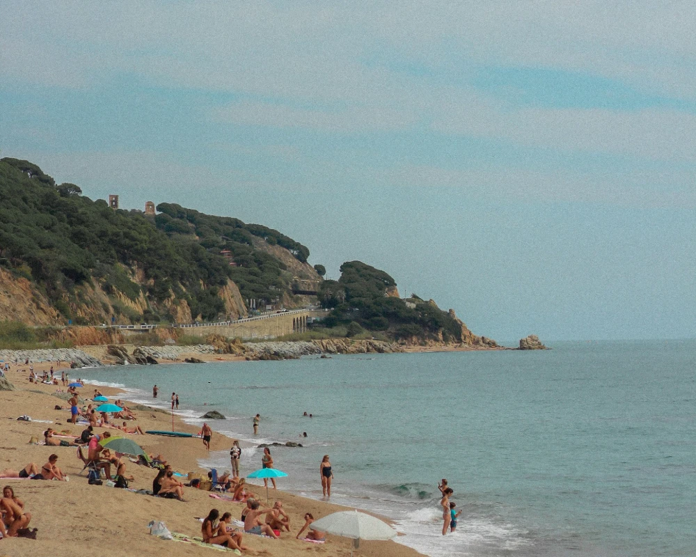 Playa tranquila con personas, sombrillas y acantilados verdes junto al mar