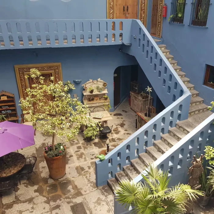 Patio interior con escalera blanca, plantas y muebles decorativos.