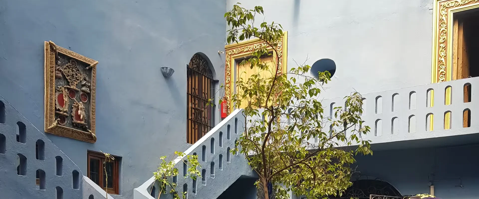 Patio andaluz con fachada blanca, ventanas enmarcadas y &aacute;rbol con hojas verdes