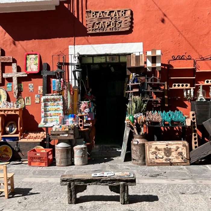 Entrada de tienda de artesan&iacute;as con letrero &ldquo;Bazar Sapos&rdquo; y objetos diversos