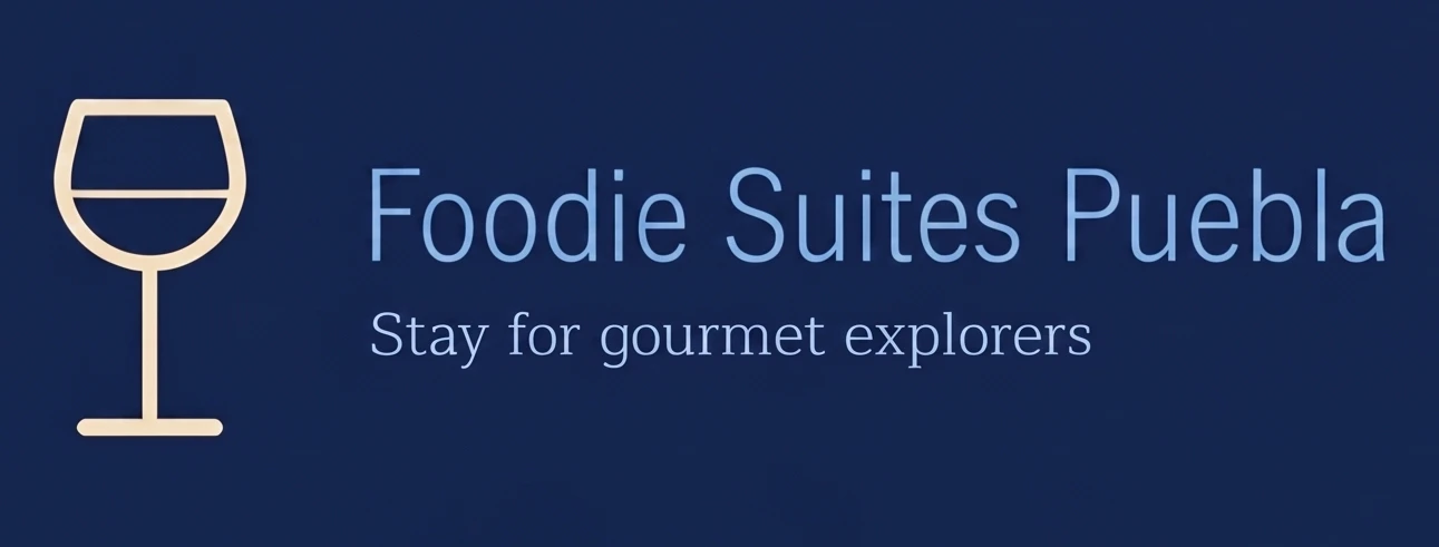 Logo de Foodie Suites Puebla: copa de vino y texto &ldquo;Stay for gourmet explorers&rdquo;