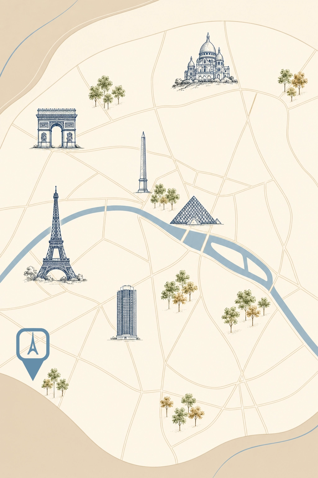 Illustration de monuments c&eacute;l&egrave;bres sur une carte avec rep&egrave;res, dont la tour Eiffel