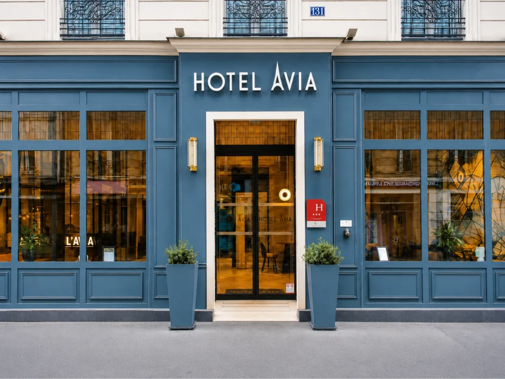 Fa&ccedil;ade de l&rsquo;h&ocirc;tel Avia, entr&eacute;e et enseigne &ldquo;HOTEL AVIA&rdquo; sur un b&acirc;timent bleu