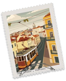 Vintage postage stamp of Lisbon trams and buildings in Portugal