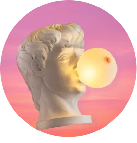 Marble bust with floating glowing orb against pink sunset background
