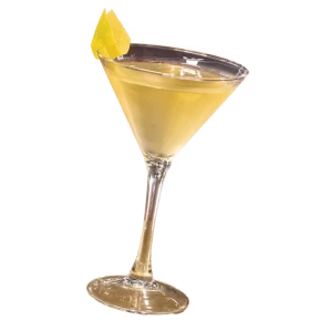 Champagne cocktail in a martini glass with a lemon twist garnish