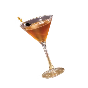 Glass of amber cocktail with a garnish, on a dark background.