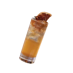 Glass of iced orange drink with a slice garnish and straws