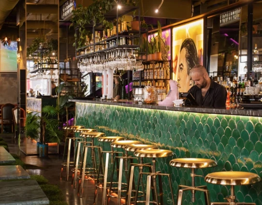 Bartender behind bar with green patterned stools and shelves of liquor at night