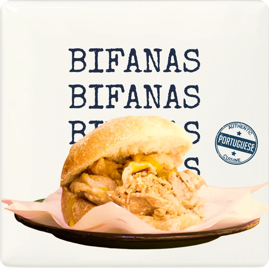 Portuguese bifanas sandwich on paper with &ldquo;BIFANAS&rdquo; text and logo.