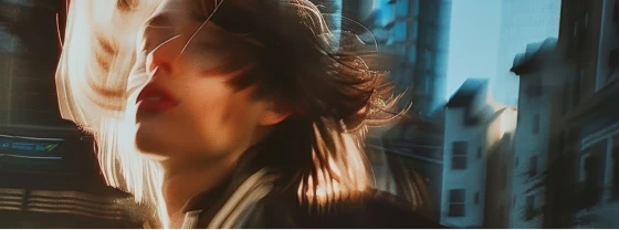 Woman in profile with flowing hair, backlit by sunlight in city buildings
