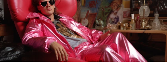Man in shiny pink suit reclining in a bar, wearing sunglasses and jewelry.