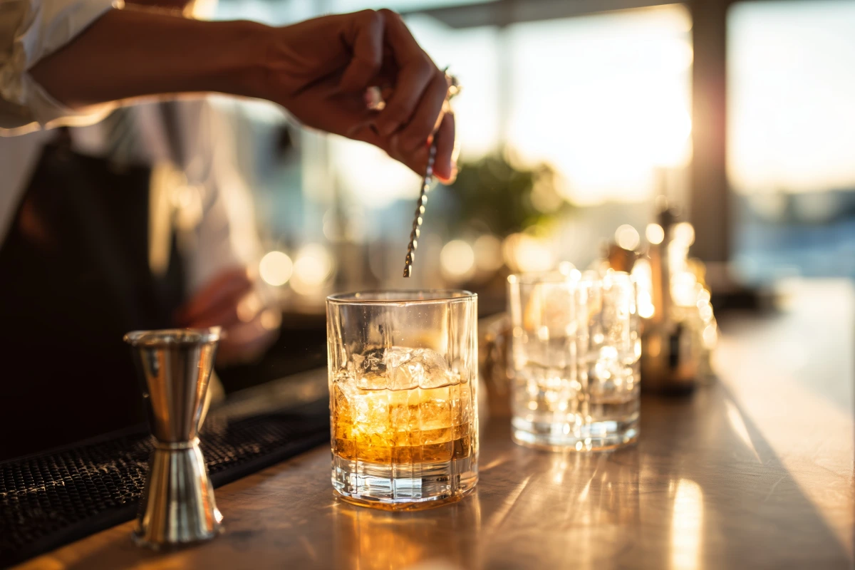 Barra de bar: mano agrega un trago con hielo en un vaso con whisky.