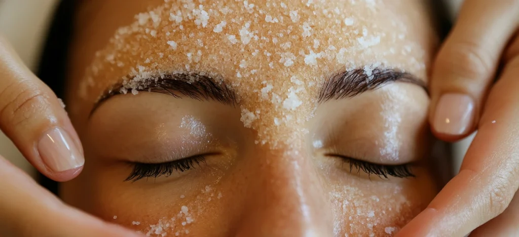 Primer plano de rostro con exfoliaci&oacute;n en sal y manos retirando el producto