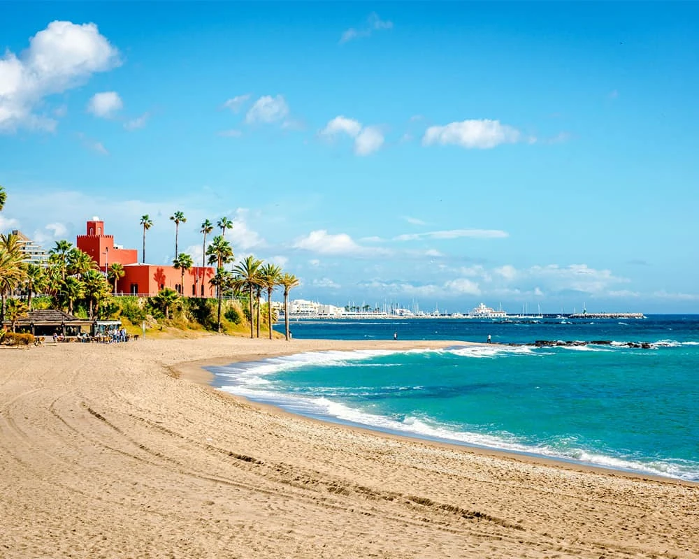 Playa soleada con palmeras y edificios coloridos junto al mar turquesa