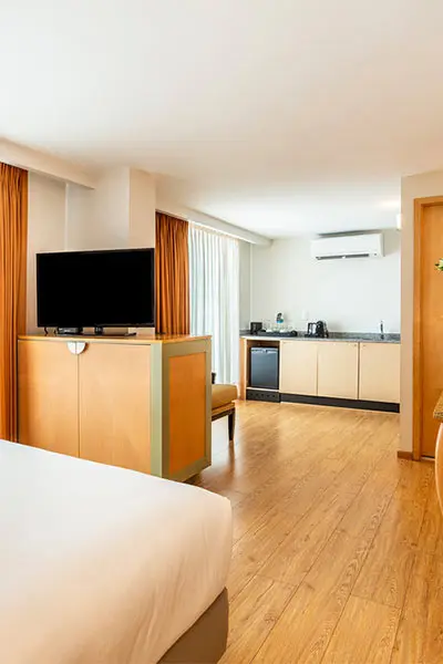 Sala con sof&aacute;, TV, cocina integrada y suelo de madera.