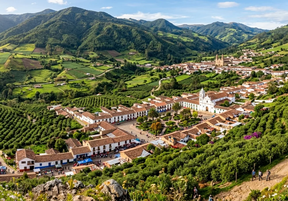 Vista a&eacute;rea de un pueblo rodeado de monta&ntilde;as y campos verdes, con huertas y carretera.