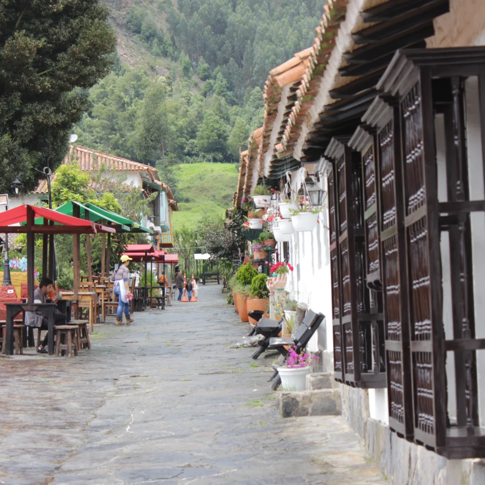 Calle de piedra con balcones adornados y monta&ntilde;as verdes al fondo