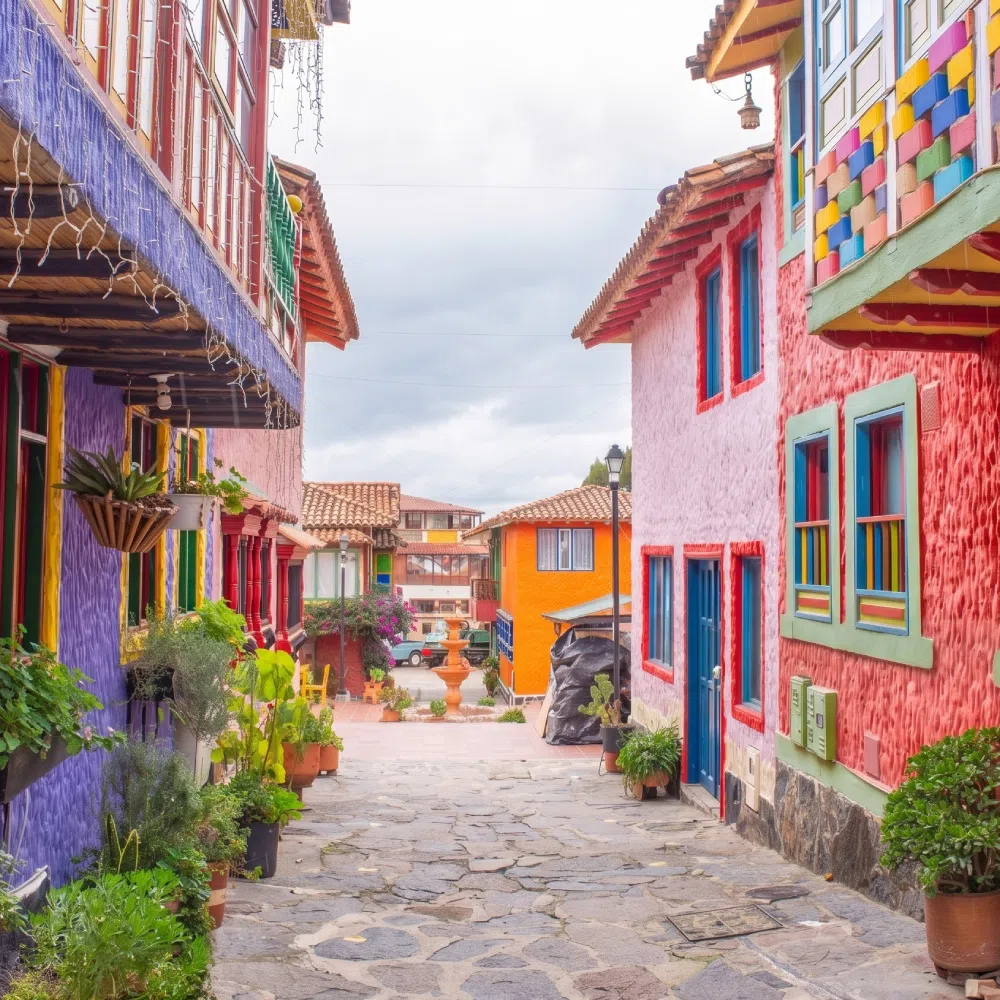 Calle adoquinada entre casas coloridas con ventanas azules y plantas en macetas