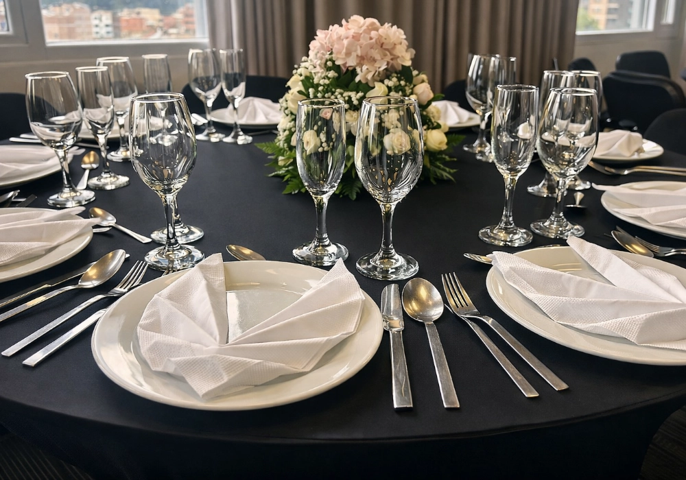 Mesa de banquete con copas, cubiertos y centro floral de hortensias y rosas