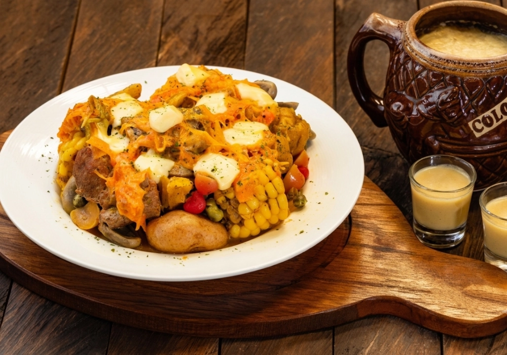 Plato de verduras y salchicha con ma&iacute;z y queso, con bebida y vaso de crema.