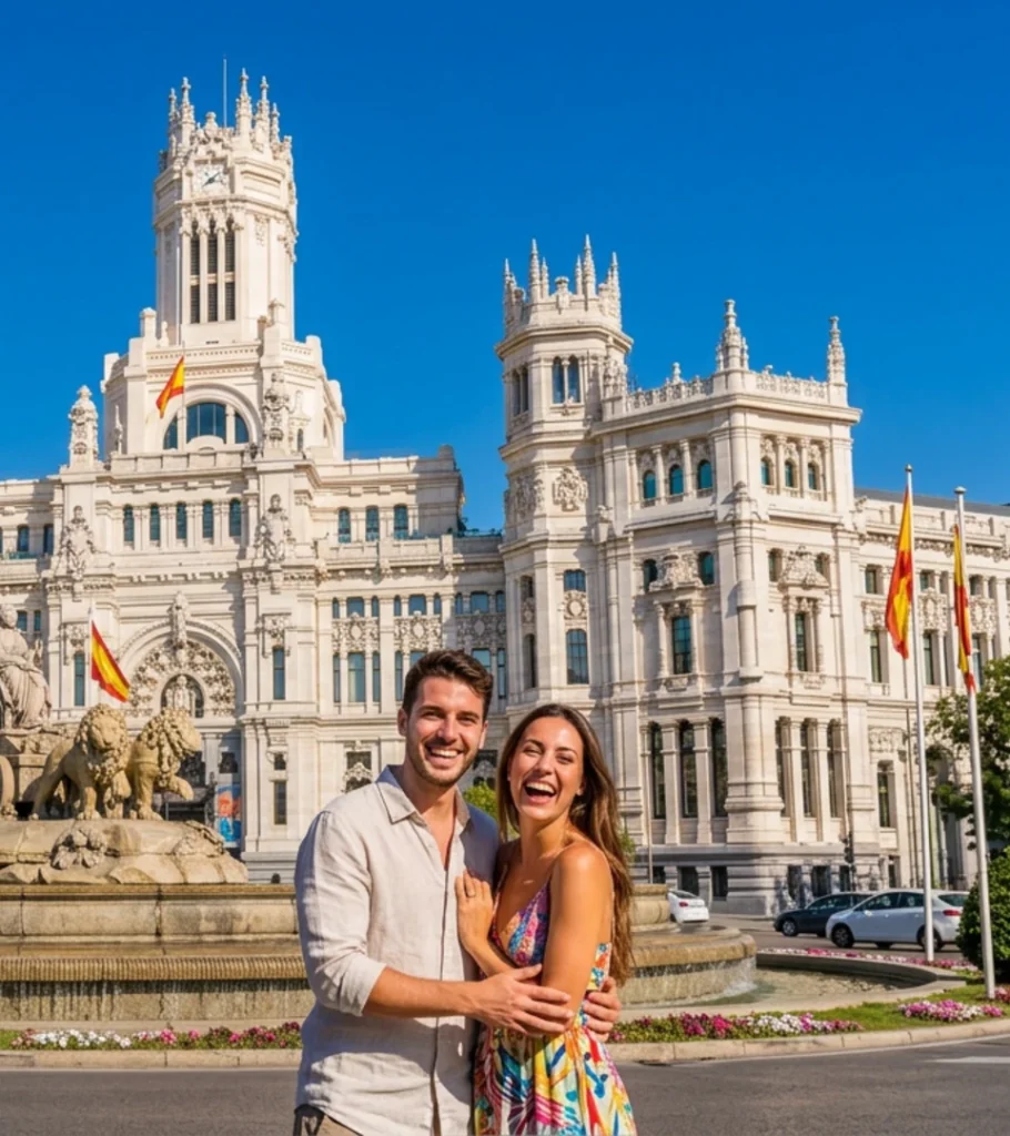 Pareja sonriente frente al Palacio de Cibeles, Madrid, con banderas y flores