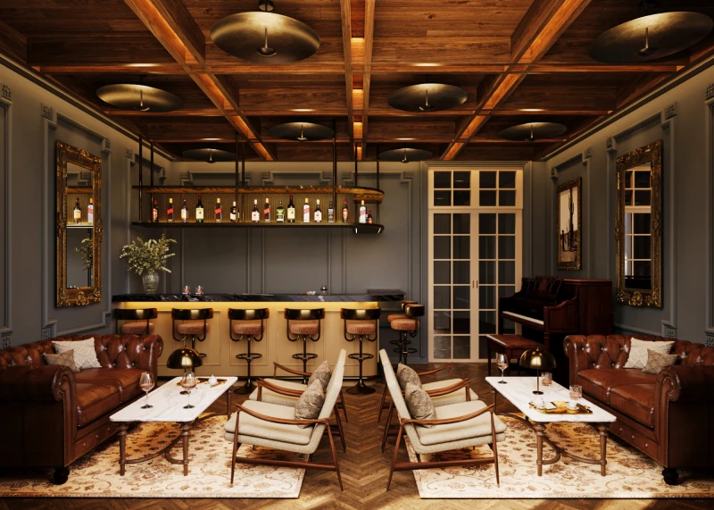 Sal&oacute;n de estilo cl&aacute;sico con mesas, sillas, barra y l&aacute;mparas de techo.