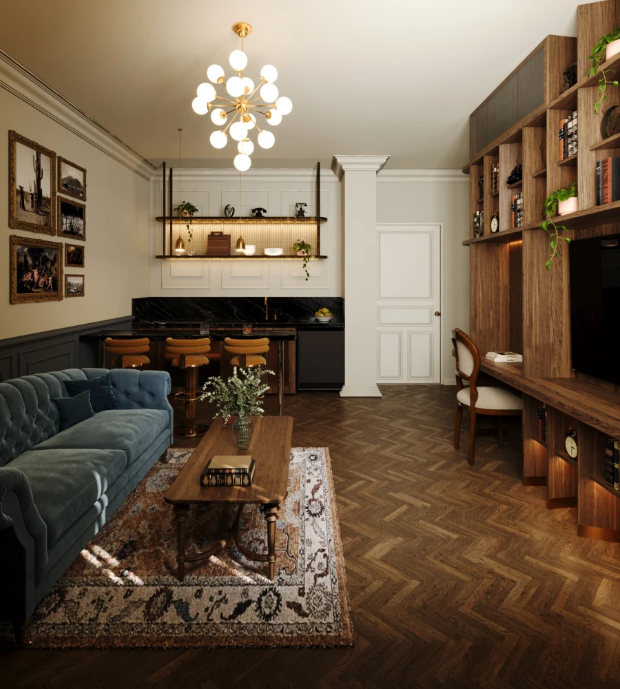 Sala de estar moderna con sof&aacute; azul, mesa de madera y l&aacute;mpara colgante