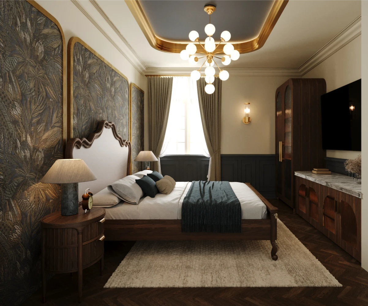 Dormitorio elegante con cama, cortinas, l&aacute;mpara de ara&ntilde;a y tocador con TV
