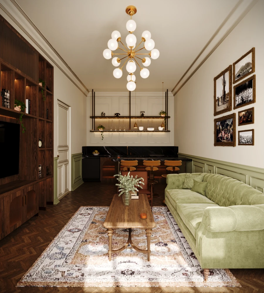 Sala de estar elegante con sof&aacute; verde, l&aacute;mpara colgante y mesa central