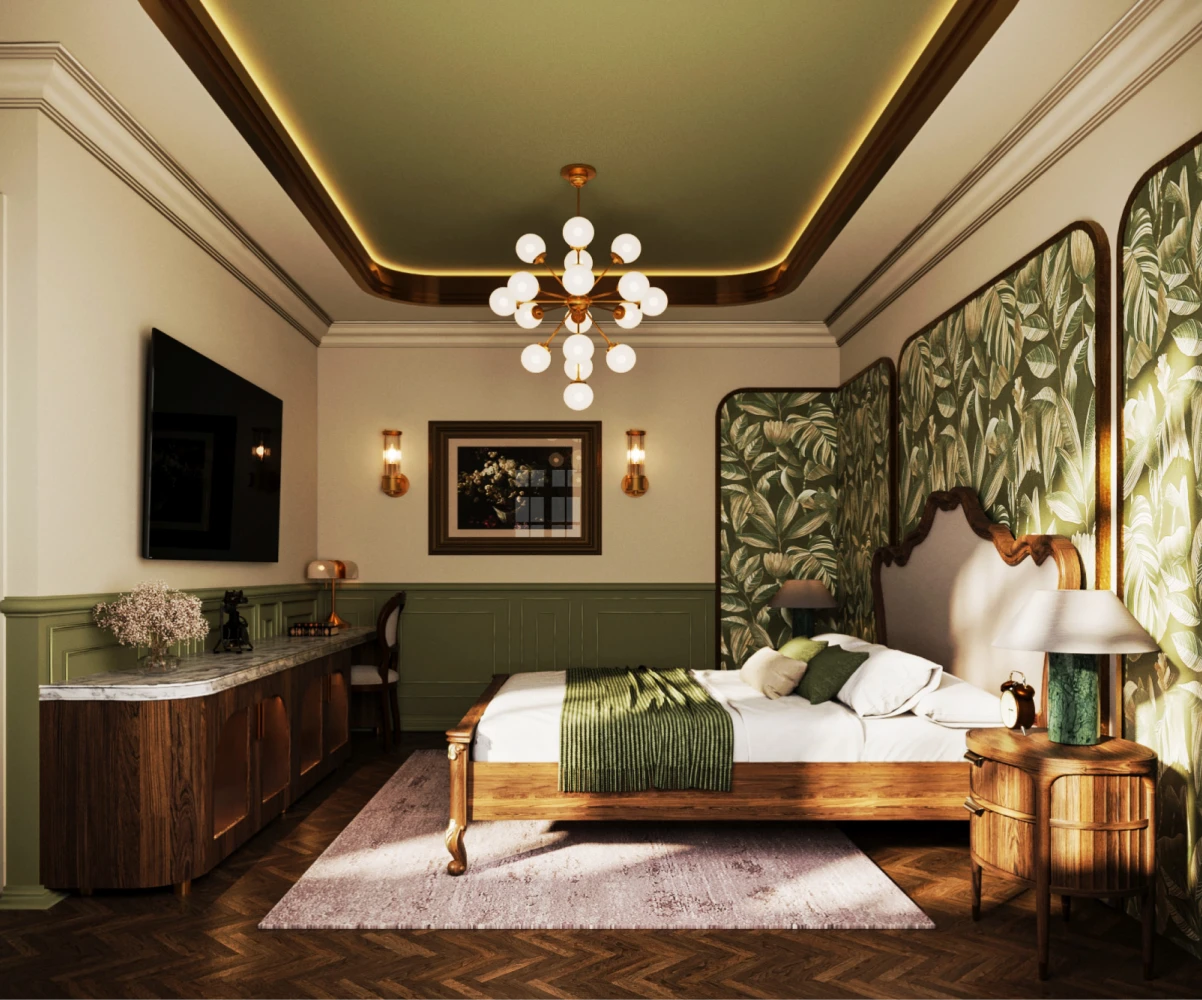 Dormitorio elegante con cama de madera, l&aacute;mpara de techo y papel tapiz floral